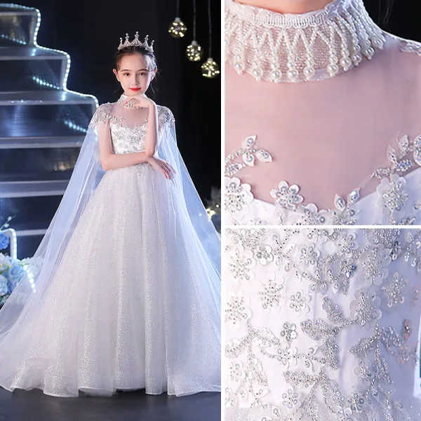 Chic / Beautiful White Beading Pearl Sequins Rhinestone Birthday Flower Girl Dresses 2022 Ball Gown High Neck Short Sleeve Chapel Train Flower Girl Dresses
