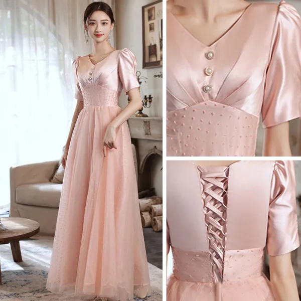 Schlicht Pearl Rosa Brautjungfernkleider 2022 A Linie V-Ausschnitt Kurze Ärmel Rückenfreies Lange Brautjungfer Kleider Für Hochzeit