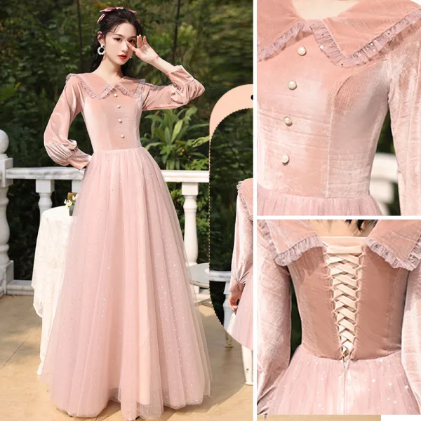 Chic / Beautiful Dusky Pink Suede Bridesmaid Dresses 2022 A-Line / Princess Pearl Sequins Long Sleeve Backless Floor-Length / Long Wedding Party Dresses