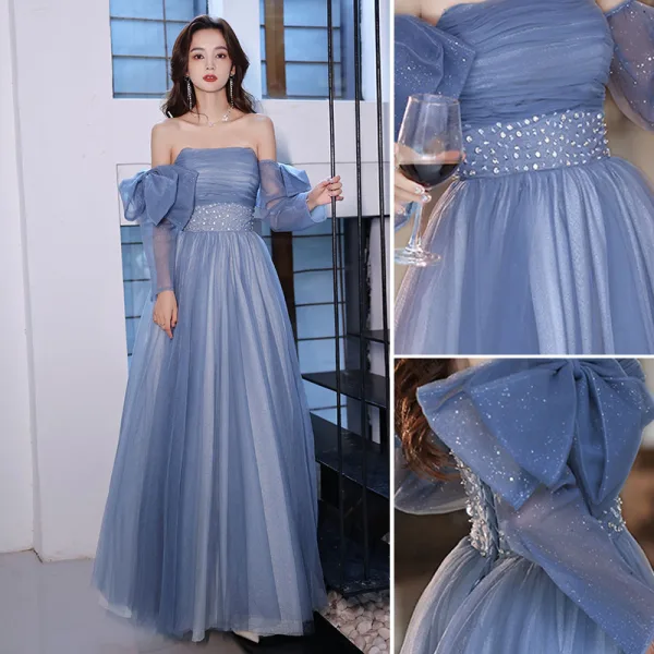 Chic / Beautiful Sky Blue Prom Dresses 2022 A-Line / Princess Strapless Bow Short Sleeve Sequins Backless Floor-Length / Long Formal Dresses