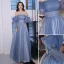 Chic / Beautiful Sky Blue Prom Dresses 2022 A-Line / Princess Strapless Bow Short Sleeve Sequins Backless Floor-Length / Long Formal Dresses