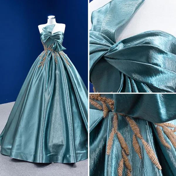 High-end Jade Green Prom Dresses 2022 Ball Gown Bow Strapless Sleeveless Backless Beading Floor-Length / Long Formal Dresses