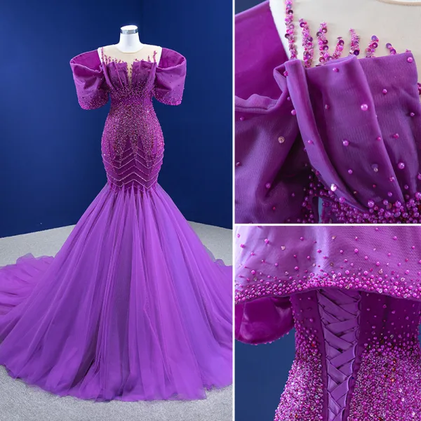 High-end Fuchsia Beading Pearl Sequins Prom Dresses 2022 Trumpet / Mermaid Scoop Neck Puffy Short Sleeve Chapel Train Formal Dresses