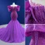 High-end Fuchsia Beading Pearl Sequins Prom Dresses 2022 Trumpet / Mermaid Scoop Neck Puffy Short Sleeve Chapel Train Formal Dresses