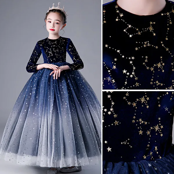 Elegant Navy Blue Star Sequins Flower Girl Dresses 2022 Ball Gown Scoop Neck Long Sleeve Floor-Length / Long Flower Girl Dresses