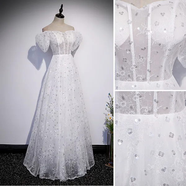 Chic / Beautiful White Sequins Lace Flower Prom Dresses 2022 A-Line / Princess Off-The-Shoulder Short Sleeve Backless Floor-Length / Long Formal Dresses
