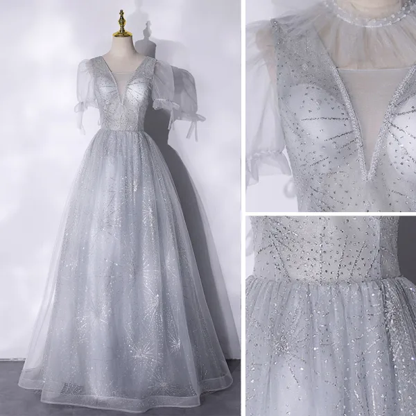 Chic / Belle Argenté Glitter Paillettes Robe De Bal 2021 Princesse V-Cou Manches Courtes Dos Nu Longue Robe De Ceremonie