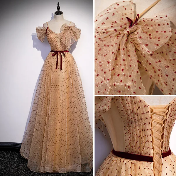 Chic / Belle Champagne Tachetée Robe De Bal 2022 Princesse Bretelles Spaghetti Manches Courtes Noeud Ceinture Dos Nu Longue Robe De Ceremonie