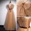 Chic / Belle Champagne Tachetée Robe De Bal 2022 Princesse Bretelles Spaghetti Manches Courtes Noeud Ceinture Dos Nu Longue Robe De Ceremonie