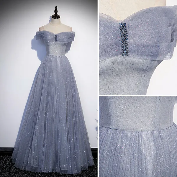Charmant Bleu Ciel Glitter Paillettes Robe De Bal 2022 Princesse De l'épaule Manches Courtes Dos Nu Longue Robe De Ceremonie