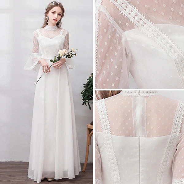 Chic / Beautiful Ivory Lace Flower Prom Dresses 2022 A-Line / Princess High Neck Bell sleeves Floor-Length / Long Formal Dresses