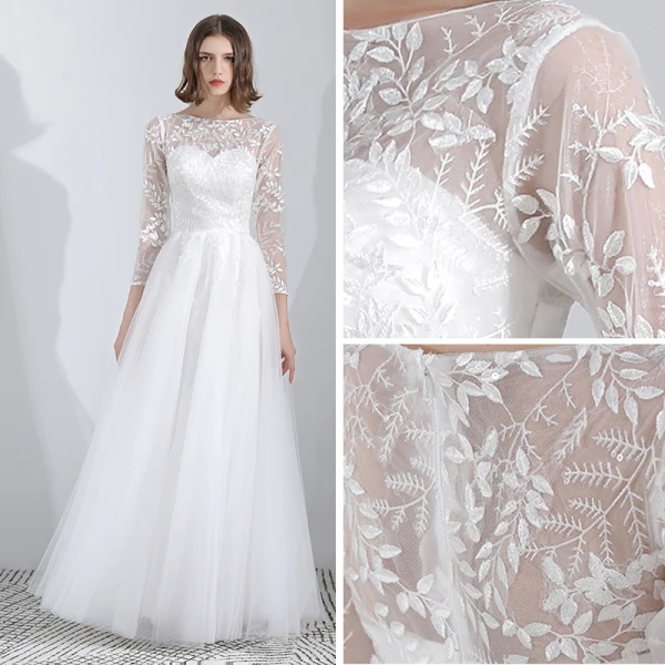 Modest / Simple White Lace Flower Light Wedding Dresses 2022 A-Line / Princess Scoop Neck 3/4 Sleeve Floor-Length / Long Wedding