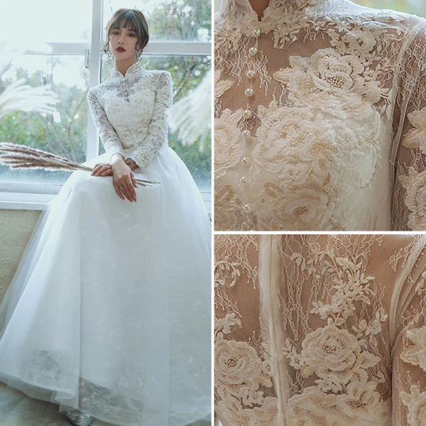 Vintage / Retro Ivory Lace Flower Pearl Wedding Dresses 2022 A-Line / Princess High Neck Long Sleeve Floor-Length / Long Wedding