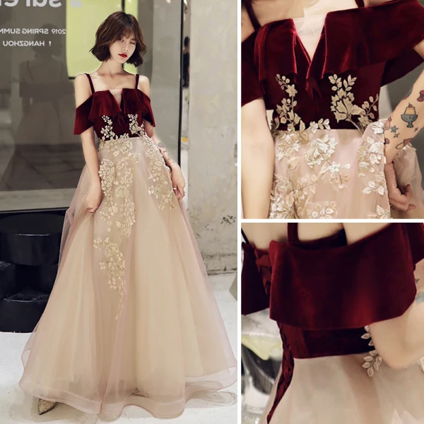 Chic / Belle Bordeaux Daim Robe De Bal 2022 Princesse Bretelles Spaghetti Manches Courtes Dos Nu Appliques Longue Robe De Ceremonie