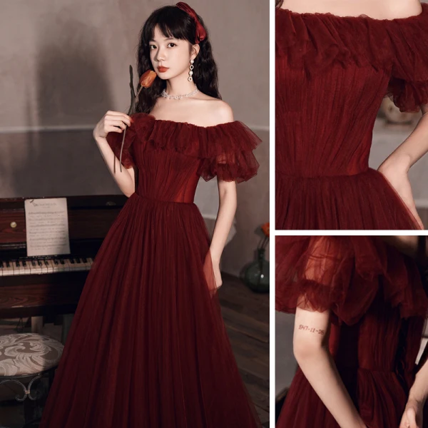 Elegant Burgundy Pleated Prom Dresses 2022 A-Line / Princess Off-The-Shoulder Short Sleeve Backless Floor-Length / Long Prom Formal Dresses