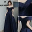 Chic / Beautiful Navy Blue Glitter Satin Prom Dresses 2022 A-Line / Princess Off-The-Shoulder Short Sleeve Backless Floor-Length / Long Formal Dresses