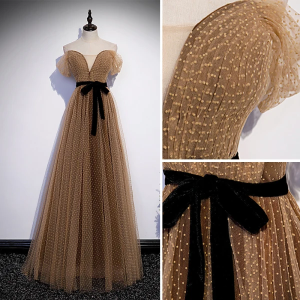 Chic / Beautiful Champagne Spotted Prom Dresses 2022 A-Line / Princess Off-The-Shoulder Short Sleeve Backless Bow Floor-Length / Long Formal Dresses
