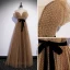 Chic / Beautiful Champagne Spotted Prom Dresses 2022 A-Line / Princess Off-The-Shoulder Short Sleeve Backless Bow Floor-Length / Long Formal Dresses