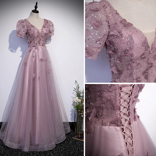 Elegante Lavendel Ballkleider 2022 A Linie V-Ausschnitt Perlenstickerei Applikationen Pailletten Kurze Ärmel Rückenfreies Lange Festliche Kleider