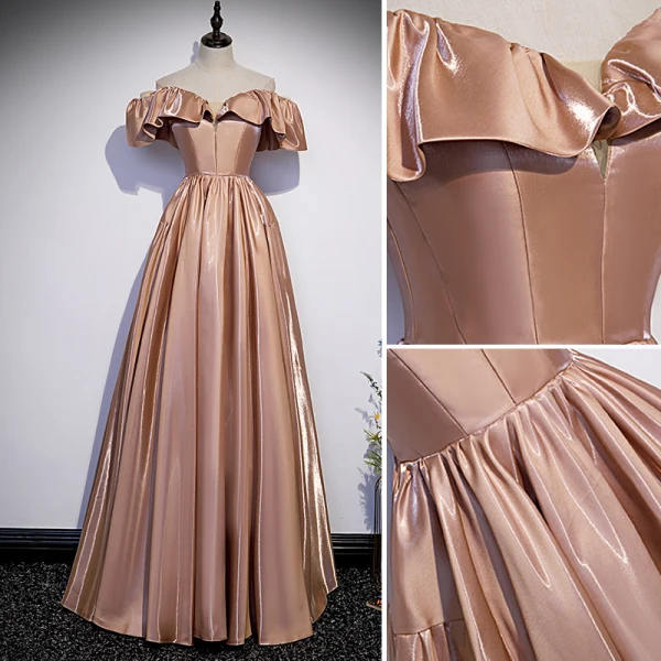 Chic / Beautiful Champagne Satin Prom Dresses 2022 A-Line / Princess Off-The-Shoulder Short Sleeve Backless Floor-Length / Long Formal Dresses