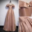 Chic / Beautiful Champagne Satin Prom Dresses 2022 A-Line / Princess Off-The-Shoulder Short Sleeve Backless Floor-Length / Long Formal Dresses