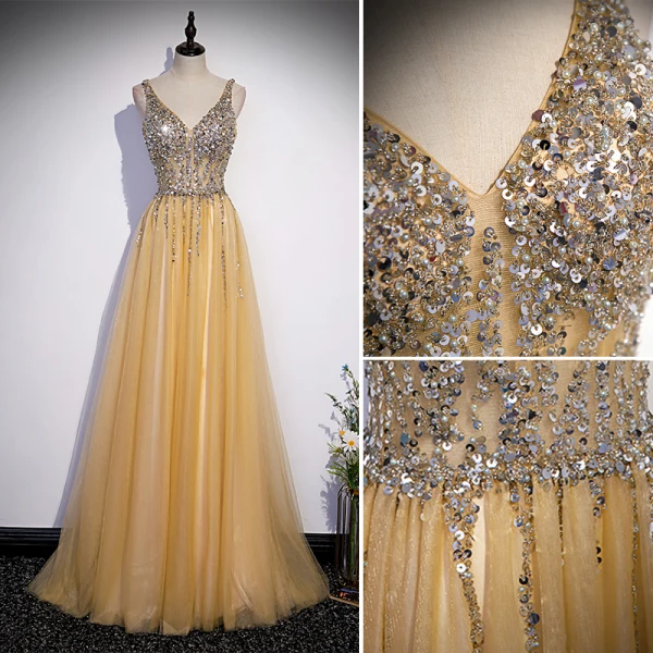 Chic / Beautiful Yellow Beading Sequins Prom Dresses 2022 A-Line / Princess V-Neck Sleeveless Backless Floor-Length / Long Formal Dresses