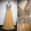 Chic / Beautiful Yellow Beading Sequins Prom Dresses 2022 A-Line / Princess V-Neck Sleeveless Backless Floor-Length / Long Formal Dresses