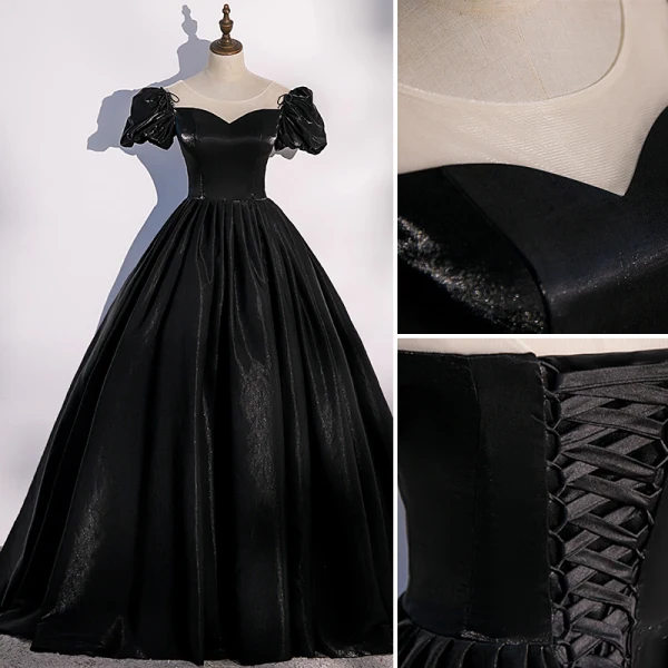 Elegant Black Satin Prom Dresses 2022 Ball Gown Scoop Neck Puffy Short Sleeve Beading Bow Backless Floor-Length / Long Formal Dresses