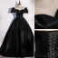 Elegant Black Satin Prom Dresses 2022 Ball Gown Scoop Neck Puffy Short Sleeve Beading Bow Backless Floor-Length / Long Formal Dresses