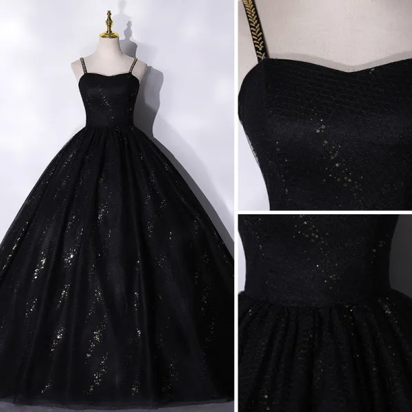 Chic / Belle Noire Perlage Paillettes Robe De Bal 2021 Robe Boule Bretelles Spaghetti Sans Manches Dos Nu Longue Robe De Ceremonie