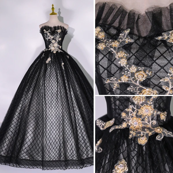 Chic / Beautiful Black Prom Dresses 2022 Ball Gown Ruffle Strapless Beading Pearl Rhinestone Sleeveless Backless Floor-Length / Long Formal Dresses