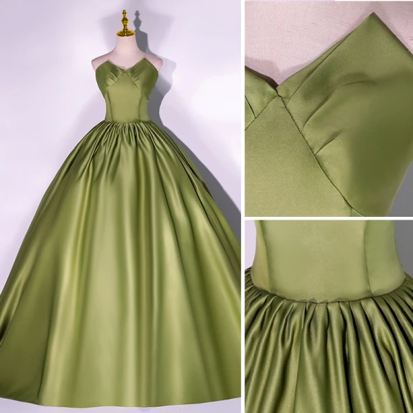 Vintage / Retro Clover Green Satin Prom Dresses 2022 Ball Gown Strapless Sleeveless Backless Sweep Train Formal Dresses