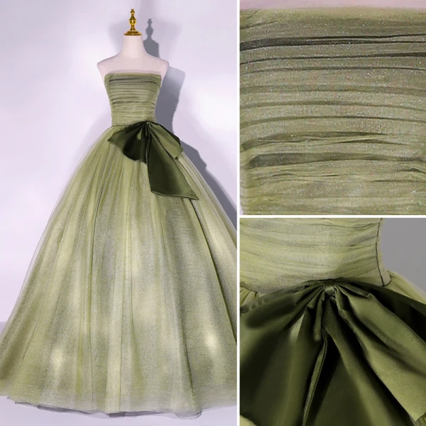 Elegant Sage Green Prom Dresses 2022 Ball Gown Strapless Sleeveless Backless Bow Floor-Length / Long Formal Dresses