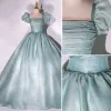 Modest / Simple Mint Green Prom Dresses 2022 Ball Gown Square Neckline Puffy Short Sleeve Backless Floor-Length / Long Formal Dresses