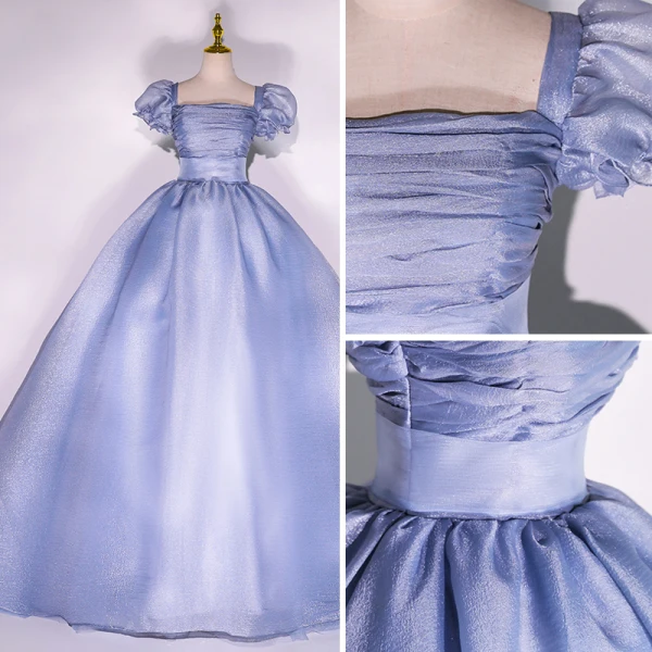 Elegant Ocean Blue Prom Dresses 2022 Ball Gown Square Neckline Puffy Short Sleeve Backless Floor-Length / Long Formal Dresses