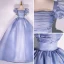 Elegant Ocean Blue Prom Dresses 2022 Ball Gown Square Neckline Puffy Short Sleeve Backless Floor-Length / Long Formal Dresses