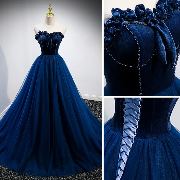 Elegant Royal Blue Suede Prom Dresses 2022 A-Line / Princess Strapless Sleeveless Backless Sweep Train Formal Dresses