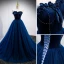 Elegant Royal Blue Suede Prom Dresses 2022 A-Line / Princess Strapless Sleeveless Backless Sweep Train Formal Dresses