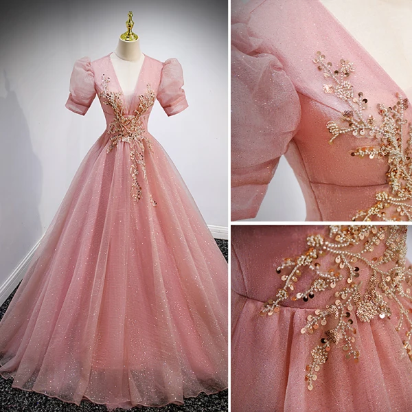 Chic / Beautiful Candy Pink Prom Dresses 2022 Ball Gown V-Neck Beading Sequins Puffy Short Sleeve Backless Floor-Length / Long Formal Dresses