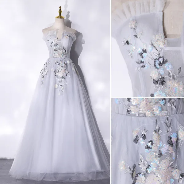 Élégant Argenté Paillettes En Dentelle Fleur Robe De Bal 2021 Princesse Volants Bustier Sans Manches Dos Nu Longue Robe De Ceremonie
