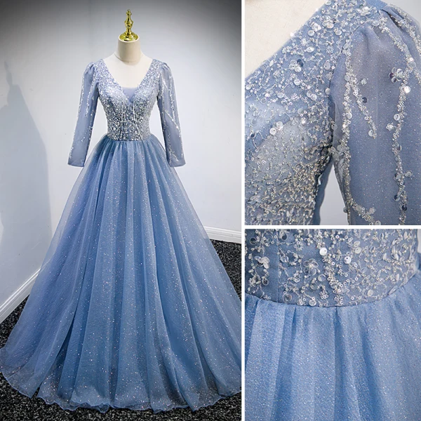 Chic / Belle Bleu Ciel Glitter Perlage Paillettes Robe De Bal 2022 Robe Boule V-Cou Manches Longues Dos Nu Longue Robe De Ceremonie