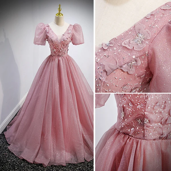 Elegant Blushing Pink Prom Dresses 2022 Ball Gown Floor-Length / Long V-Neck Beading Rhinestone Butterfly Appliques Puffy Short Sleeve Backless Formal Dresses