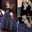 Sparkly Navy Blue Star Sequins Birthday Flower Girl Dresses 2022 Ball Gown Square Neckline Rhinestone Lace Flower Bell sleeves Sweep Train Flower Girl Dresses