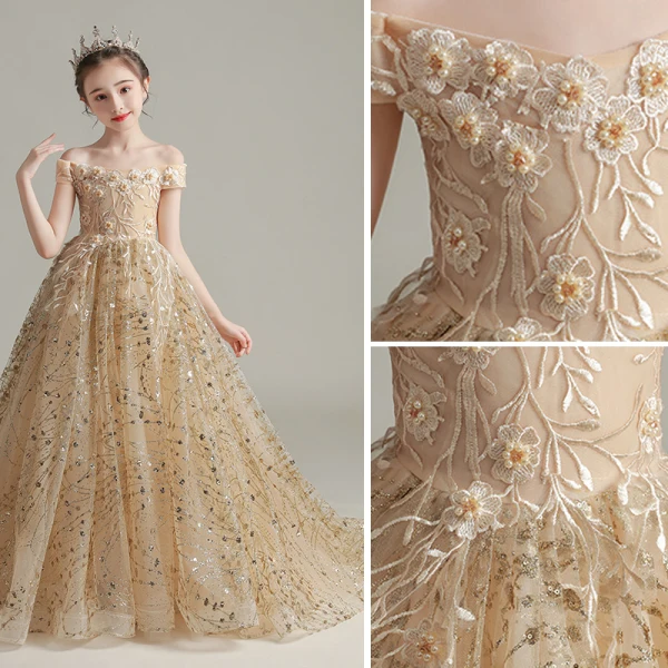 Schöne Champagner Perle Spitze Blumen Pailletten Geburtstag Ball Blumenmädchenkleider 2022 Ballkleid Off Shoulder Kurze Ärmel Rückenfreies Lange Blumenmädchenkleider