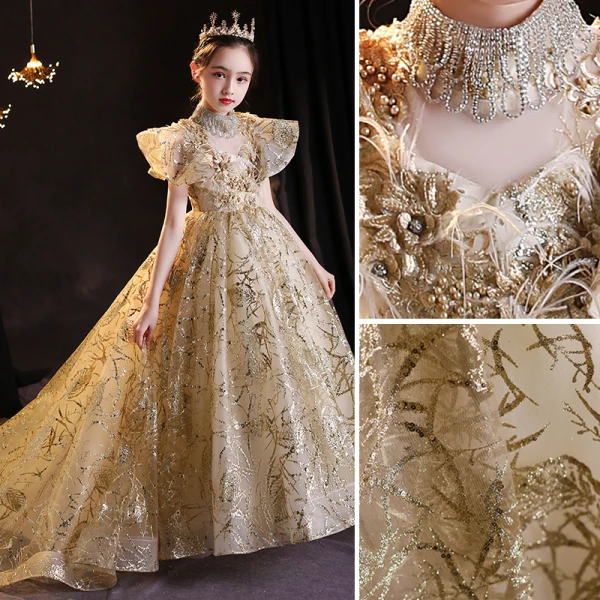 Sparkly Gold Beading Pearl Sequins Lace Flower Birthday Flower Girl Dresses 2022 Ball Gown High Neck Short Sleeve Court Train Flower Girl Dresses