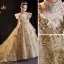 Sparkly Gold Beading Pearl Sequins Lace Flower Birthday Flower Girl Dresses 2022 Ball Gown High Neck Short Sleeve Court Train Flower Girl Dresses