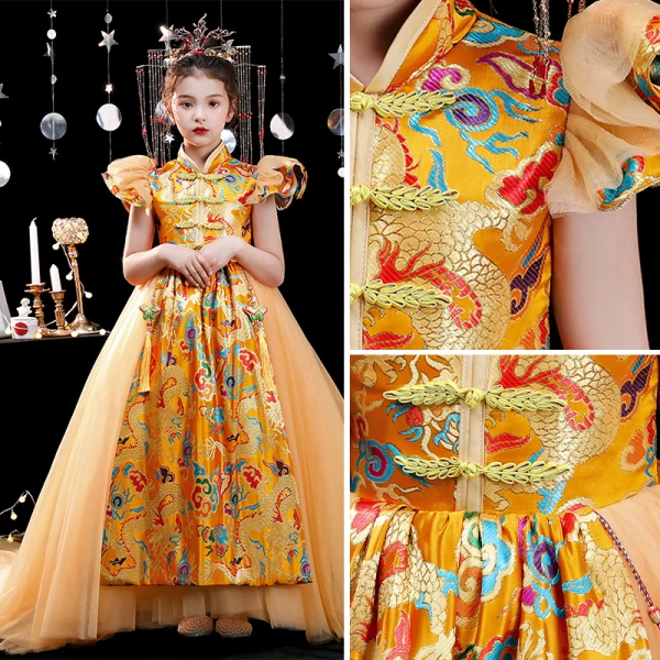 Style Chinois Jaune Impression Anniversaire Robe Ceremonie Fille 2022 Robe Boule Col Haut Gonflée Manches Courtes Tribunal Train Robe Ceremonie Fille