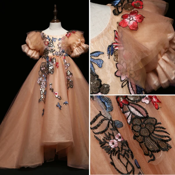 Flower Fairy Champagne Flower Girl Dresses 2022 Ball Gown Scoop Neck Lace Flower Sequins Appliques Puffy Short Sleeve Backless Floor-Length / Long Flower Girl Dresses