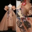 Flower Fairy Champagne Flower Girl Dresses 2022 Ball Gown Scoop Neck Lace Flower Sequins Appliques Puffy Short Sleeve Backless Floor-Length / Long Flower Girl Dresses