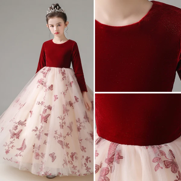 Chic / Beautiful Burgundy Suede Birthday Flower Girl Dresses 2022 Ball Gown Scoop Neck Lace Butterfly Long Sleeve Floor-Length / Long Flower Girl Dresses